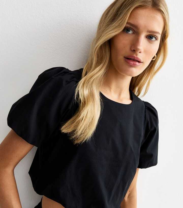Black Poplin Bubble Hem Crop Top