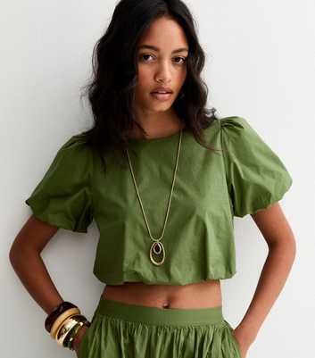 Green Poplin Bubble Hem Crop Top