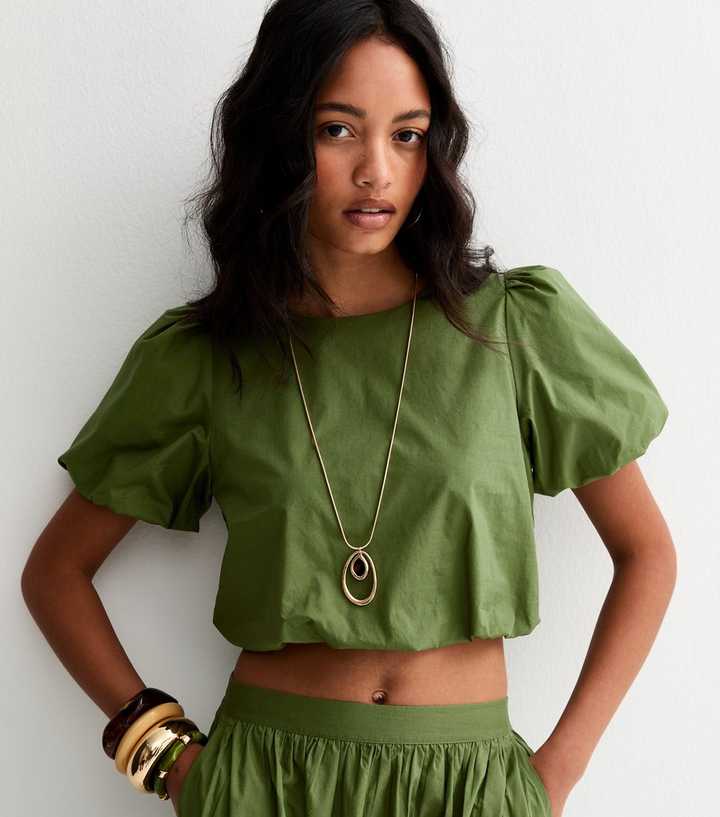 Green Poplin Bubble Hem Crop Top