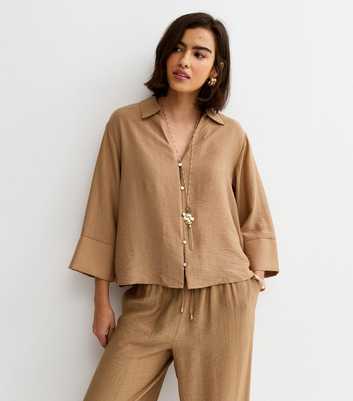 Camel Crinkled Cropped Sleeve Shirt