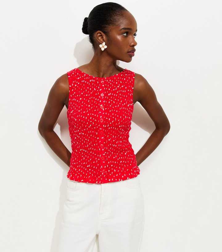 Red Floral Shirred Button Through Top