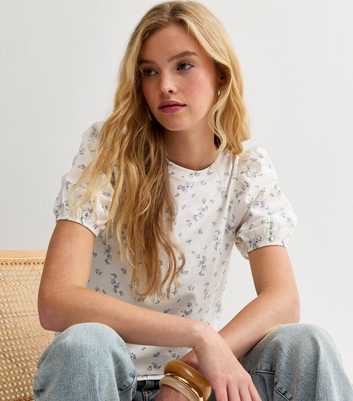 White Cotton Floral Puff Sleeve T-Shirt