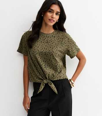 Khaki Speckled Print Tie Front T-Shirt