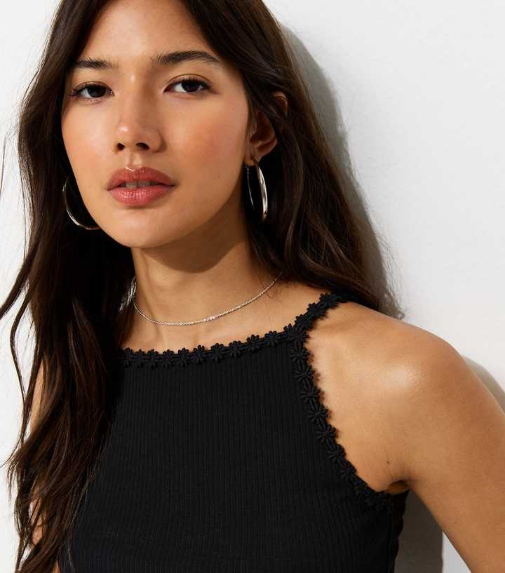 Black Cotton Rich Ribbed Daisy Trim Cami Top