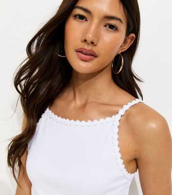 White Cotton Rich Ribbed Daisy Trim Cami Top
