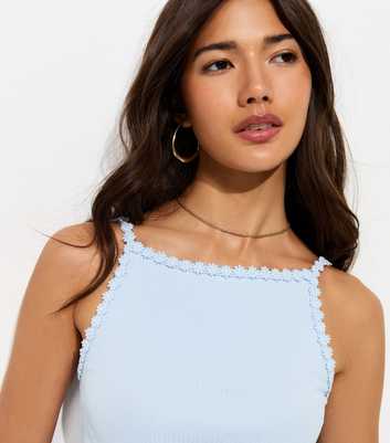 Light Blue Cotton Rich Ribbed Daisy Trim Cami Top