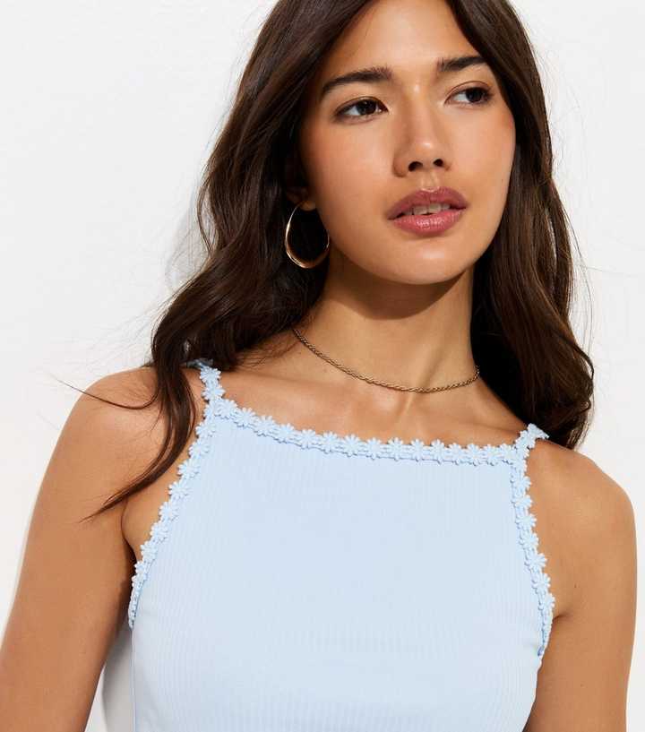 Light Blue Cotton Rich Ribbed Daisy Trim Cami Top
