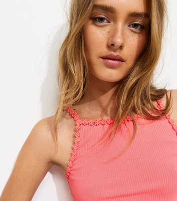 Coral Cotton Rich Ribbed Daisy Trim Cami Top