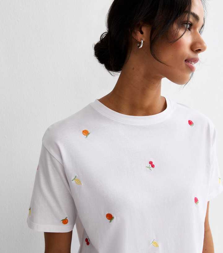 White Cotton Boxy Embroidered Fruit T-Shirt