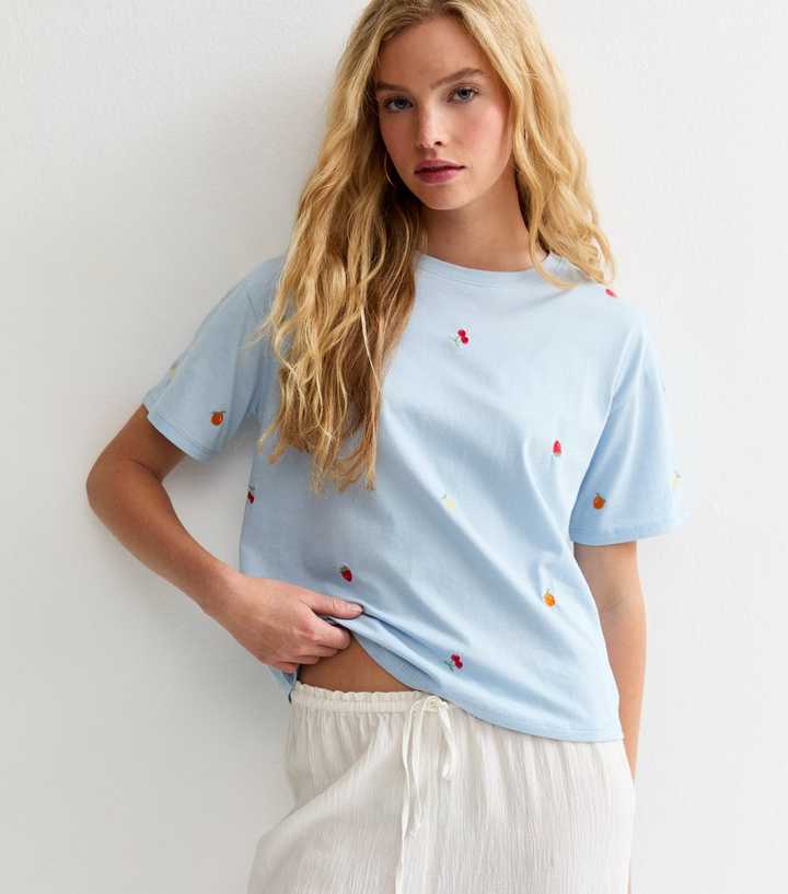 Blue Cotton Boxy Embroidered Fruit T-Shirt