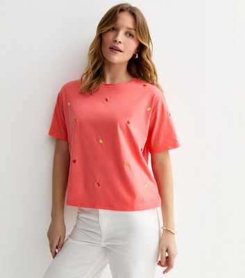 Orange Cotton Boxy Embroidered Fruit T-Shirt
