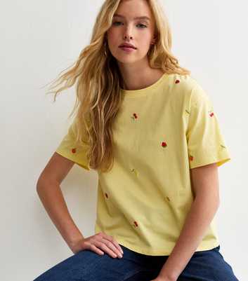 Yellow Cotton Boxy Embroidered Fruit T-Shirt