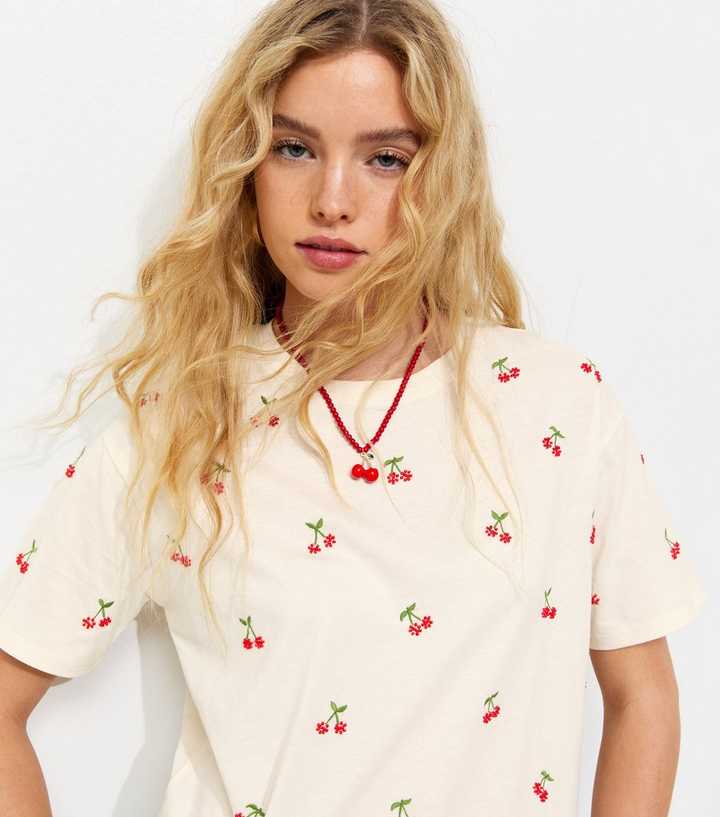 White Boxy Beaded Cherry T-Shirt