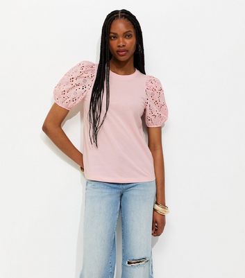 Light Pink Broderie Anglaise Puff Sleeve Top | New Look