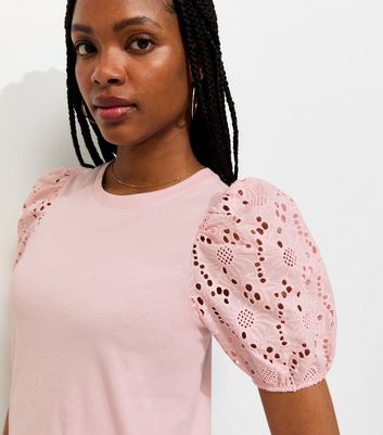 Light Pink Broderie Anglaise Puff Sleeve Top | New Look