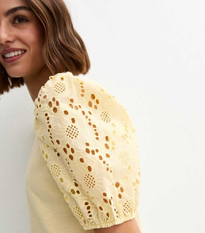 Light Yellow Broderie Anglaise Puff Sleeve Top