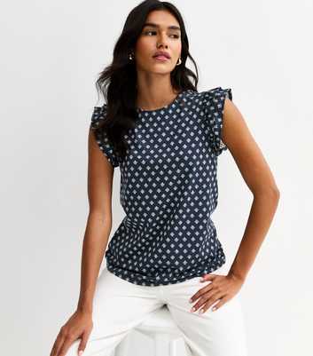 Blue Cotton Frilly Cap Sleeve Top