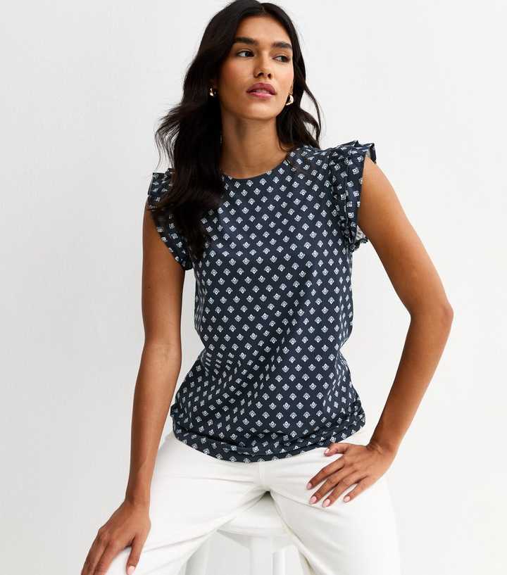 Blue Cotton Frilly Cap Sleeve Top