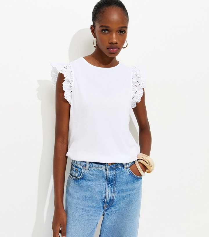 White Broderie Frill Sleeve Top