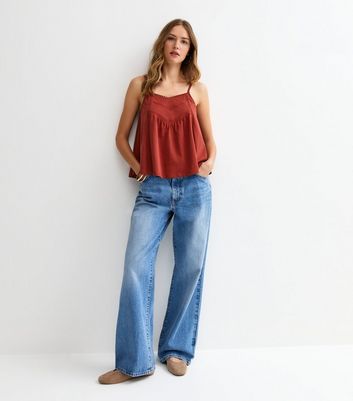 Dark Red Lace Trim V-Neck Cami Top | New Look