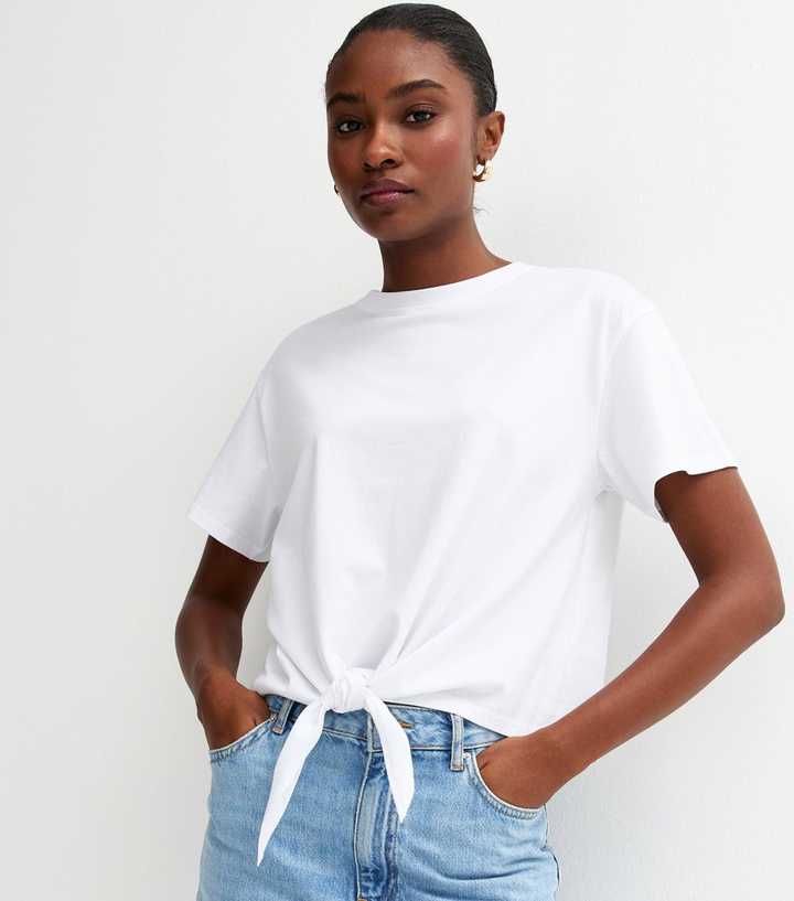 White Cotton Tie Front T-Shirt