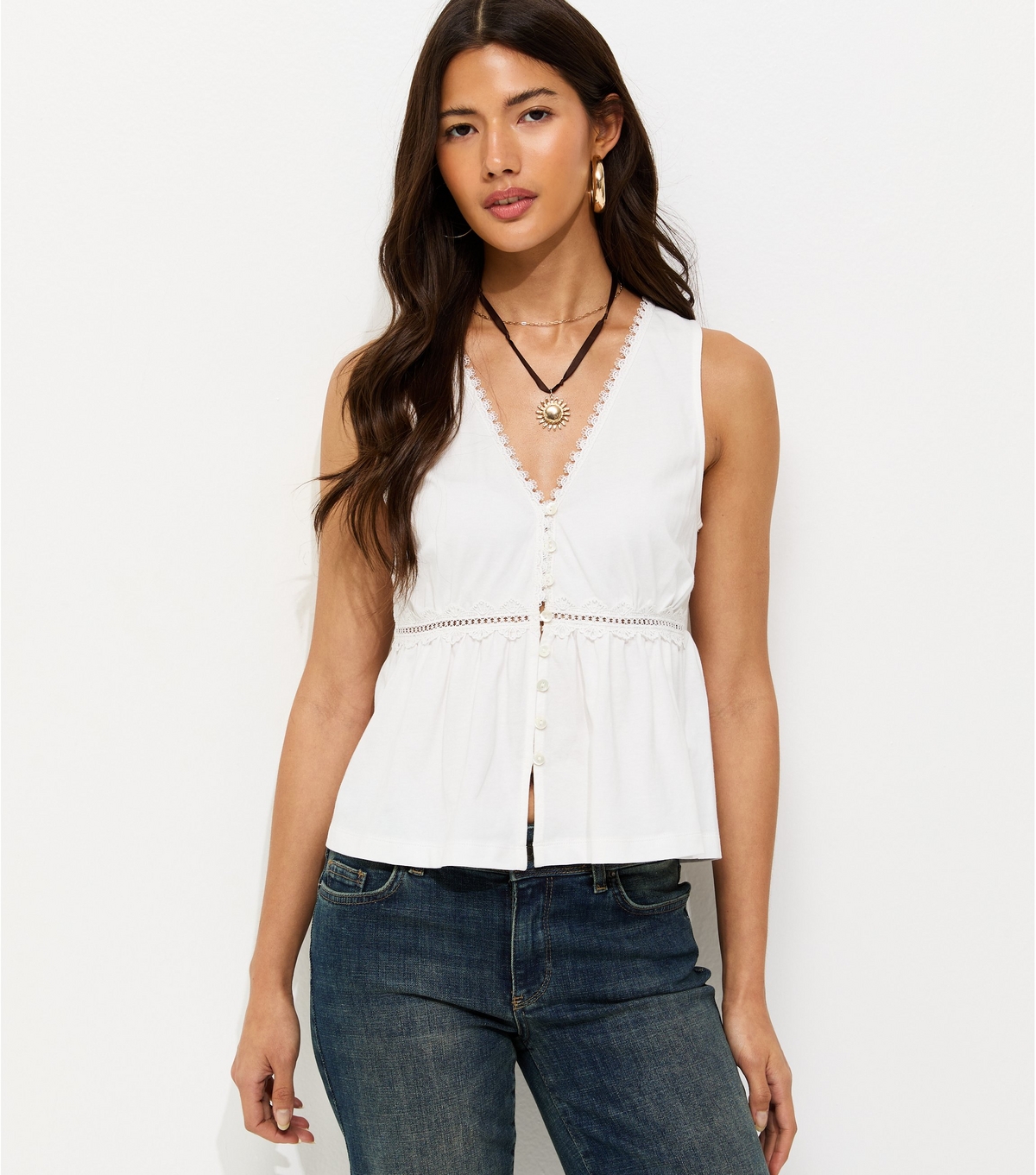 Women's White Lace Trim Button Font Peplum Waist Tank Top New Look