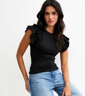Black Ribbed Flutter Sleeve T-Shirt