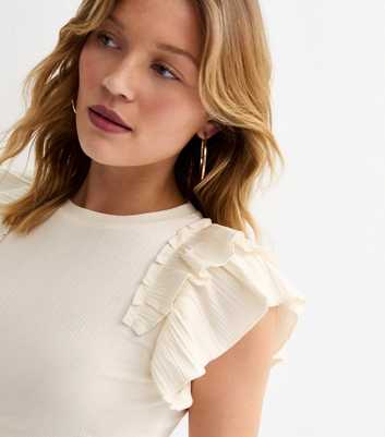 Off White Ribbed Flutter Sleeve T-Shirt