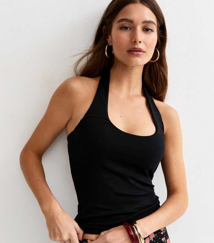 Black Ribbed Halter Neck Vest Top