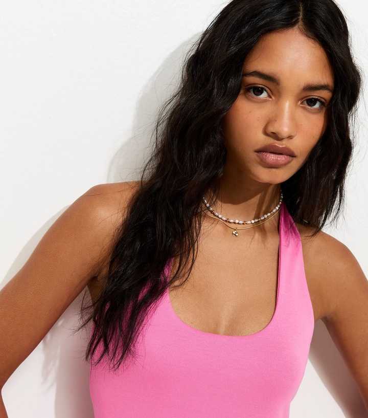 Bright Pink Ribbed Halter Neck Vest Top