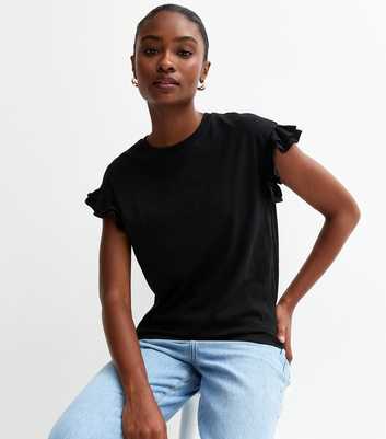 Black Cotton Slub Frill Sleeve T-Shirt