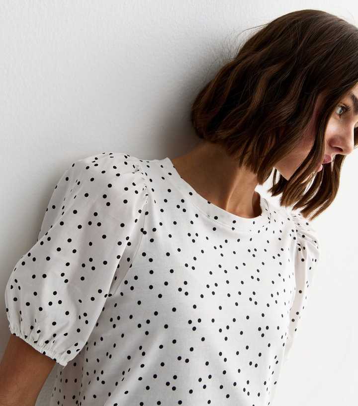 Cream Spotty Puff Sleeve T-Shirt
