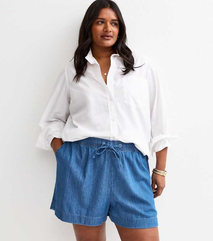 Curves Blue Denim Drawstring Shorts