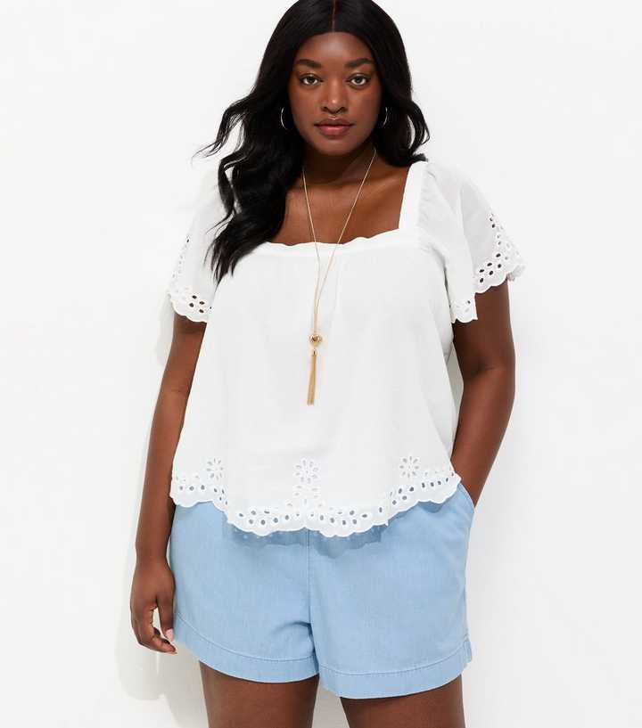 Curves Light Blue Denim Drawstring Shorts