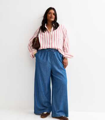 Curves Blue Denim Wide Leg Trousers