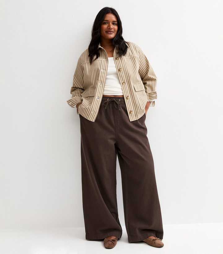 Curves Dark Brown Cotton Twill Wide Leg Trousers