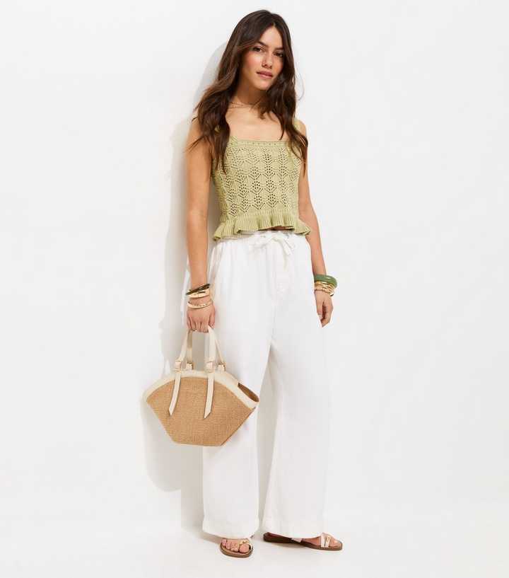 Petite White Twill Cotton Wide Leg Trousers