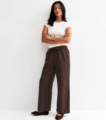 Petite Dark Brown Twill Cotton Wide Leg Trousers