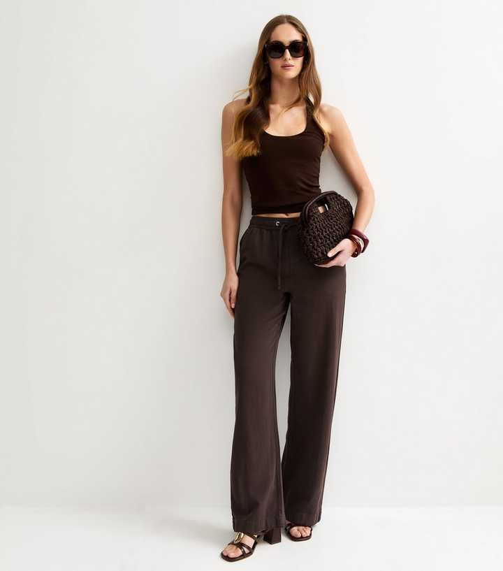 Tall Dark Brown Twill Cotton Wide Leg Trousers
