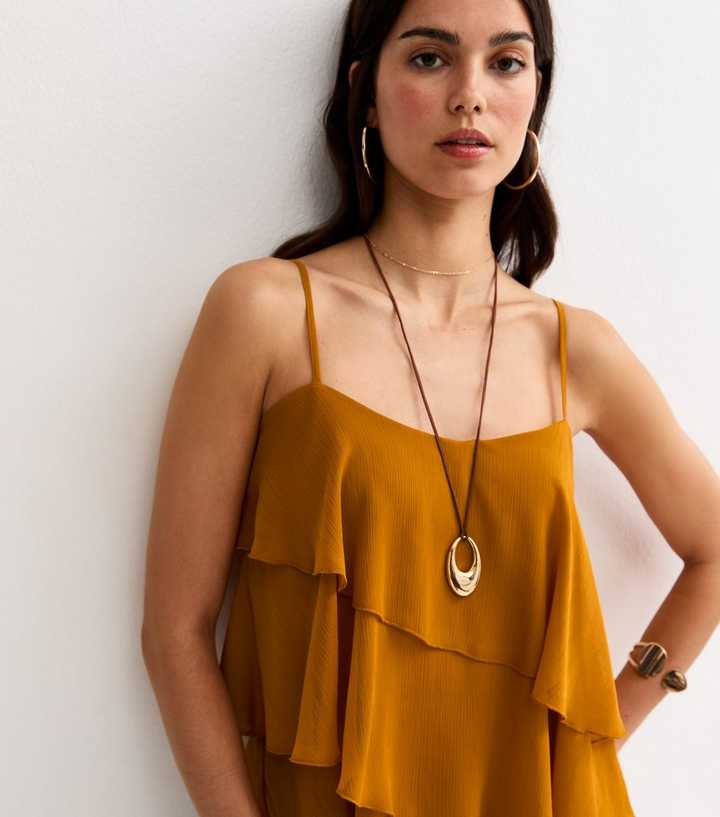 Burnt Orange Chiffon Asymmetric Ruffled Cami