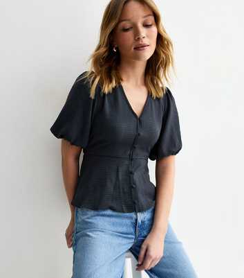 Navy Buttoned Puff Sleeve Tea Blouse