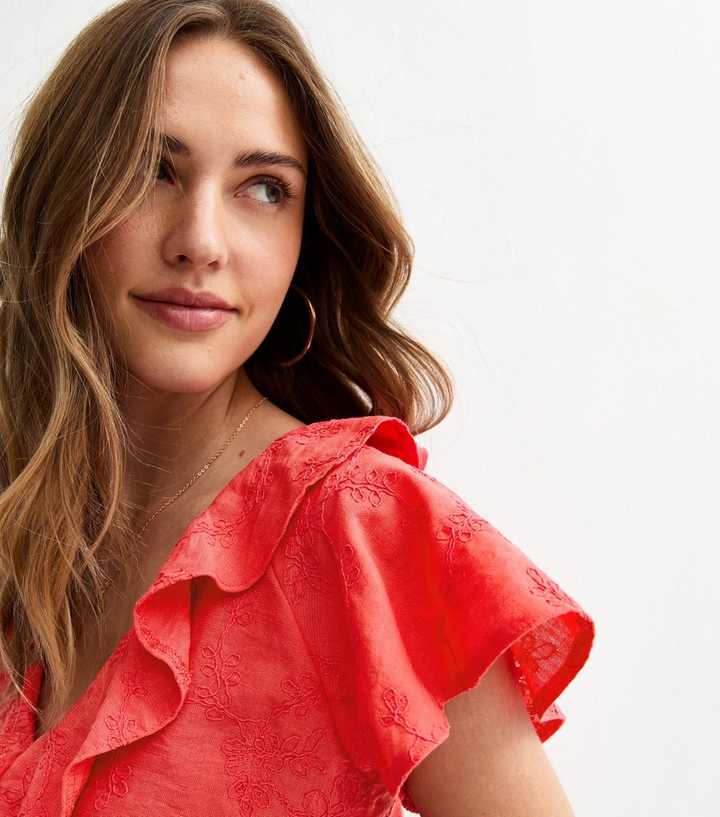 Dark Coral Embroidered Floral Tea Top
