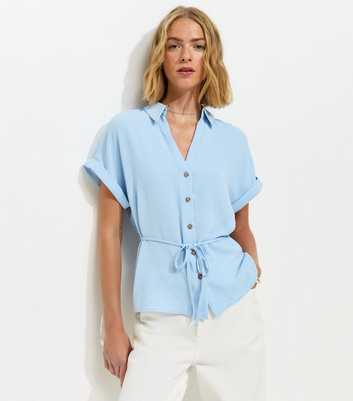 Light Blue Belted Short Sleeve Shirt