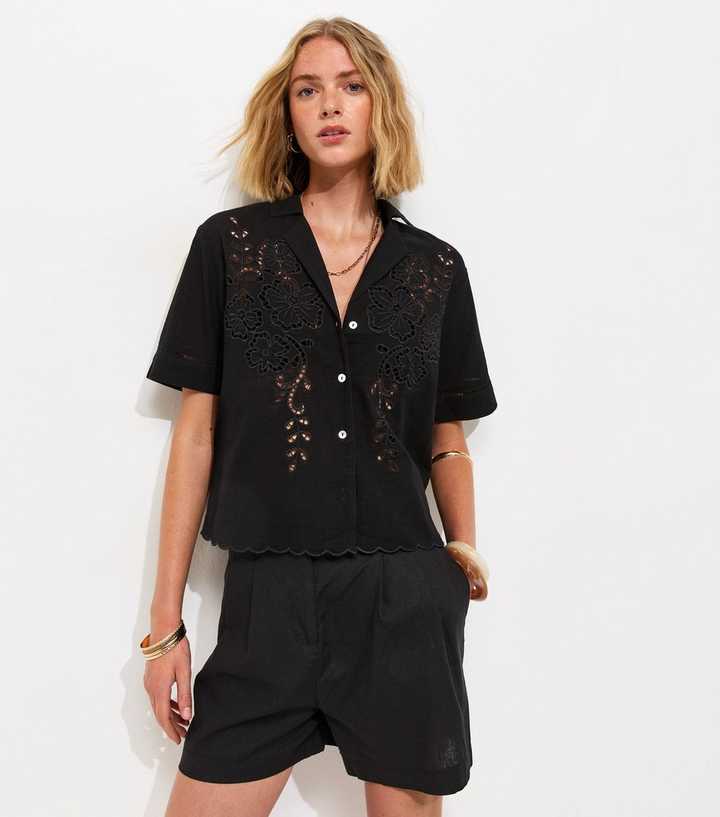 Black Lightweight Cutwork Crop Scallop Hem Shirt