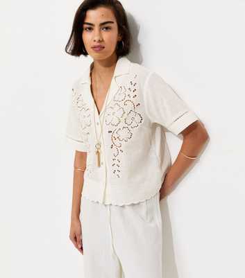 Off White Lightweight Cutwork Crop Scallop Hem Shirt