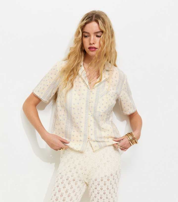Cream Cotton Floral Cropped Short Sleeve Shirt