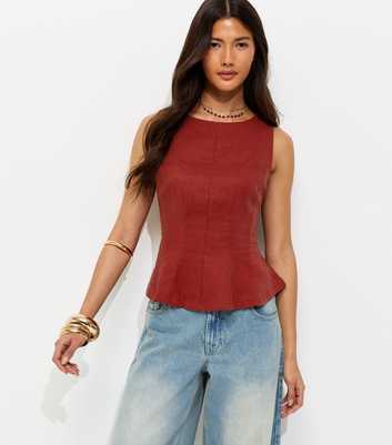 Red Linen Blend Peplum Top