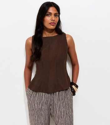 Dark Brown Linen Blend Peplum Top