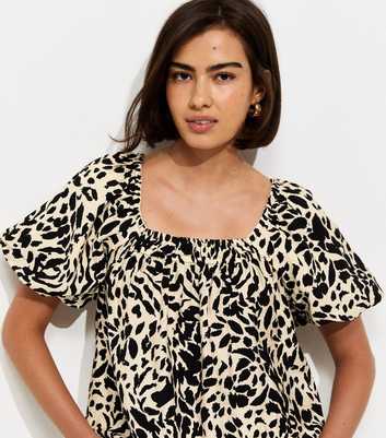 White Abstract Print Square Neck Blouse