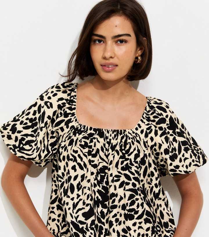 White Abstract Print Square Neck Blouse